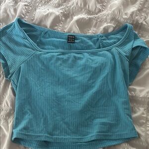 SHEIN Blue Cap Sleeve Ribbed Crop Blouse